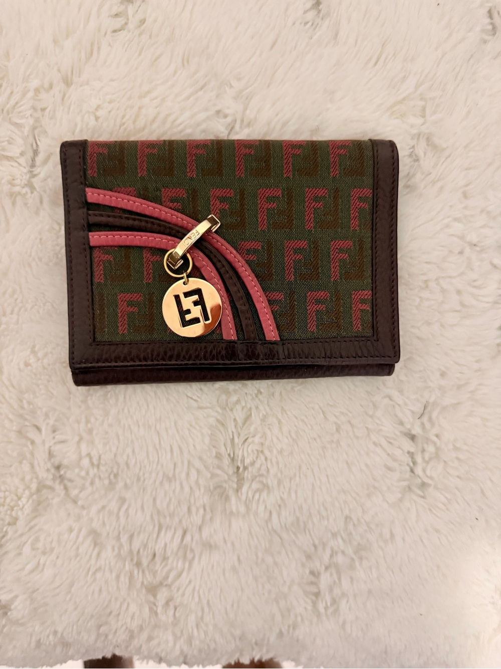 Fendi Brown & Pink Monogram Leather-Trim Wallet with Gold Charm